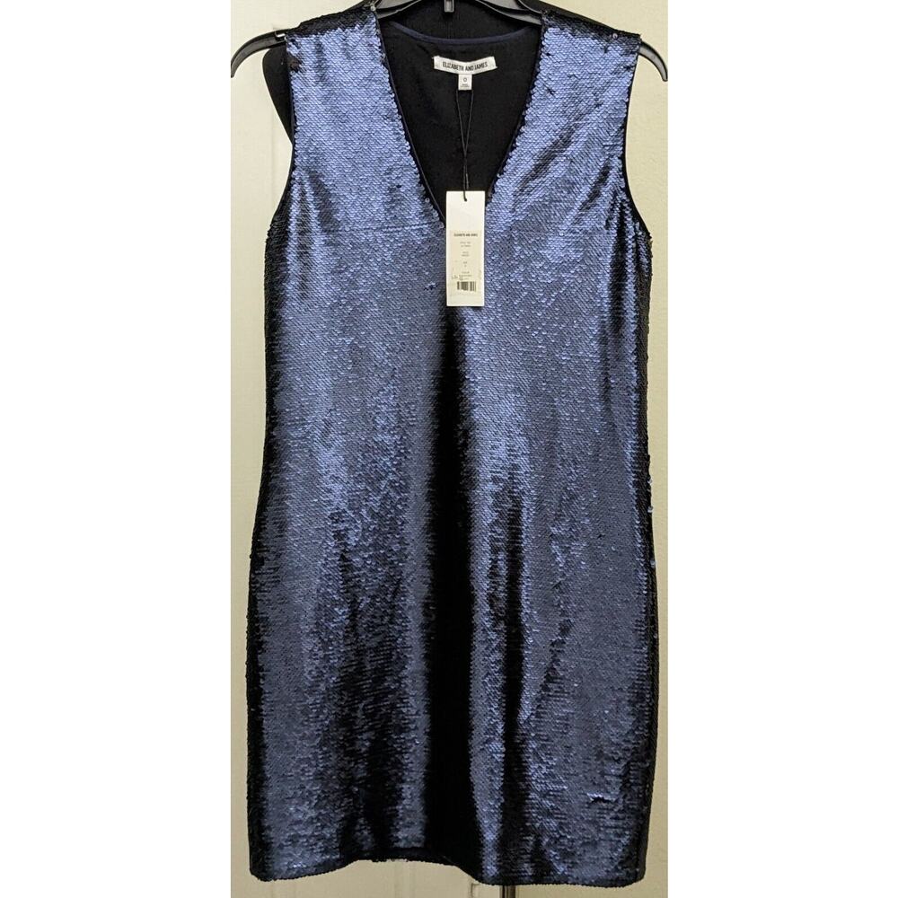 Elizabeth & James Dress Womens 0 NEW Wesley Flip Sequin V-Neck Shift Blue Black